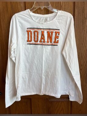 Doane Women's White Long Sleeve Tee with Orange Logo